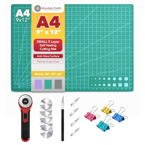 Mandala Crafts Self-Healing Cutting Mat Set – 9" x 12" A4 Green Double-Sided 5-Ply Mat with Fabric Cutter, Quilt Ruler & Craft Knife for Sewing, Quilting, Leather & Scrapbooking - color: Green Combo, size: 9 x 12 Inches Mat Combo