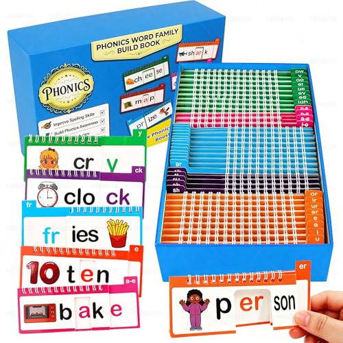 Phonics Flash Cards, Word Family Build Book with 40 Read and Rhyme Flip Books, Learn to Read Sight Words, Kindergarten Reading Games, Preschool Homeschool Educational Learning Activities - color: Blue