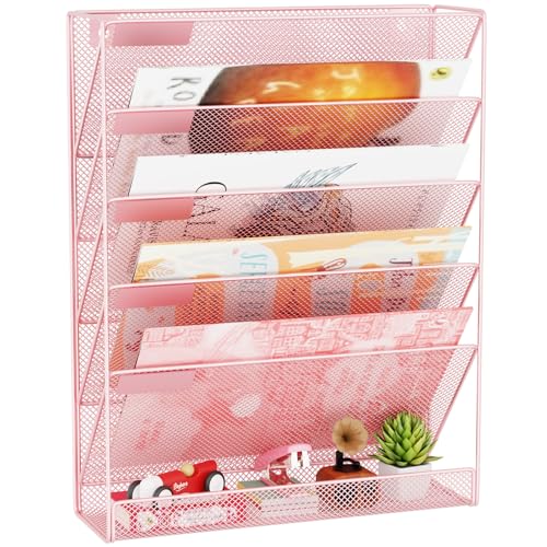 Wall File Organizer Holder Mesh Hanging Paper Document Holder, Vertical 6 Pocket Tier for Office Home, Light Pink - color: Pink, size: 6 Tier Ver.A