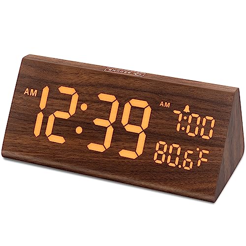 DreamSky Wooden Digital Alarm Clock for Bedroom with USB Port | 7.7" Electric Clocks with Large Numbers, Temperature, 0-100% Brightness Dimmer, Adjustable Alarm Volume, Snooze, 12/24H - color: Brown Wood