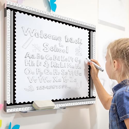 Kolldenn 68.9ft Black and White Bulletin Board Border Black White Squiggles and Stripes Classroom Borders Trim Rolled Die Cut for Bulletin Board Chalkboard School Teachers Wall Decor(Scalloped) - style: Scalloped