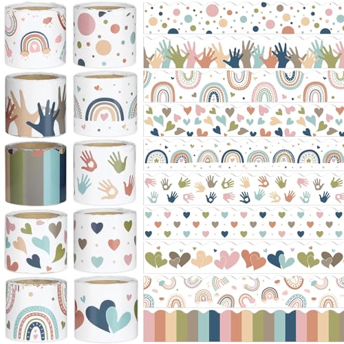 262Ft Boho Bulletin Border Boho Die-Cut Border Trim 10 Rolls Boho Rainbow Classroom Border for Bulletin Board Boho Themed Scalloped Bulletin Board Decorations for Home School Wall Decor - style: Boho Rainbow