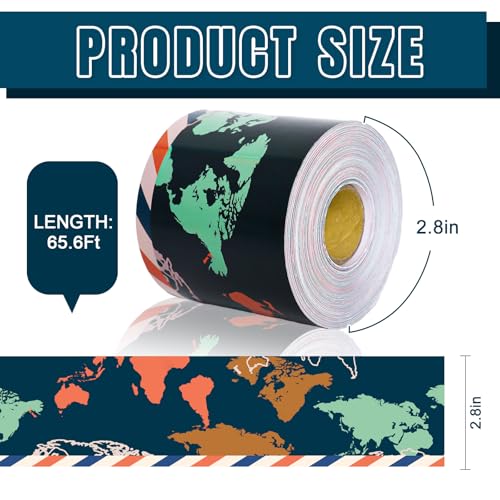 FYSUIMU 65.6 Ft Let's Explore World Map Bulletin Board Borders Travel The Map Straight Die Cut Trim Back to School Border Sticker Roll for Home Classroom Party Wall Decoration - style: Modern