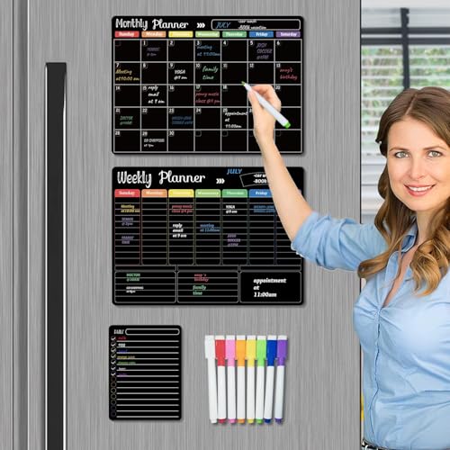 Hivillexun Magnetic Black Dry Erase Calendar White Board Set (3-Pack) - Monthly, Weekly Planners & Daily Notepad for Fridge, Home & Office, Includes 8 Markers - color: Black Monthly/Weekly/Daily Planners + 8 Markers & Eraser