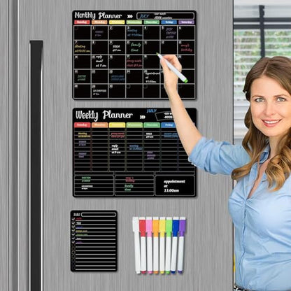 Hivillexun Magnetic Black Dry Erase Calendar White Board Set (3-Pack) - Monthly, Weekly Planners & Daily Notepad for Fridge, Home & Office, Includes 8 Markers - color: Black Monthly/Weekly/Daily Planners + 8 Markers & Eraser