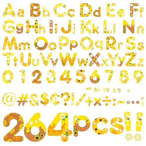 264 PCS Bee Bulletin Board Letters Set, Bulletin Board Letters Numbers Punctuation Symbol Alphabet Cutouts Printed with Hive Bee Honey Sunflower for Summer Back to School Classroom Decor - color: Bee