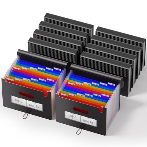 ThinkTex 10-Pack Accordion File Folders - 12 Pockets Bulk Expanding Organizer, Heavy Duty Letter/A4 Document Holder with Color Tabs for Business Tax, School & Office & Back to School Supplies - Black - color: 10-pack-black