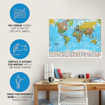 Waypoint Geographic Blue Ocean Series World Wall Map, Laminated World Map Poster, Educational Wall Art For Home, Classroom, or Office, Unique Gifts, 51” x 38”