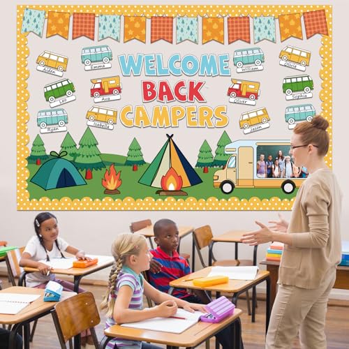 Summer Camping Bulletin Board Decorations Set Welcome Back Camper Classroom Decor Adventure Camp Themed Campfire Tent Paper Cutouts for Woodland Party Back to School Chalkboard Wall Supplies Favor - style: Summer Camping