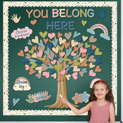 Boho Classroom Tree Bulletin Board Decorations Heart Cutouts Border Welcome Classroom You Belong Here Bulletin Board Decor Supplies for Chalkboard Elementary School Home Wall(You Belong Here) - style: You Belong Here
