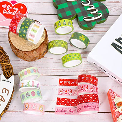 Whaline 24 Rolls Holiday Washi Tape Set Shamrock Easter Egg Heart Masking Tape 0.6 in Green Clover Happy Easter Valentines St. Patrick's Day Decorative Paper Stickers for Scrapbook DIY Craft, 16.4 Ft - style: Valentines St Patricks Easter