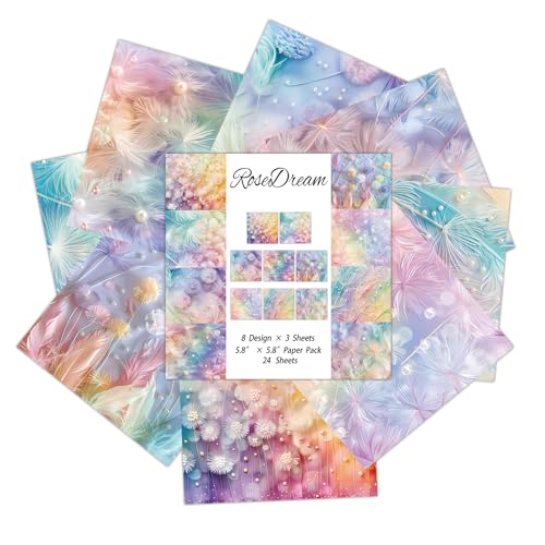 Dreamy Dandelion Feather Pearl Scrapbook Paper Pad - 24 Sheets Soft Pastel Gradient Designs - 15x15cm Square Craft Paper for Junk Journal Decoupage - color: Rainbow Feathers