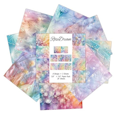 Dreamy Dandelion Feather Pearl Scrapbook Paper Pad - 24 Sheets Soft Pastel Gradient Designs - 15x15cm Square Craft Paper for Junk Journal Decoupage - color: Rainbow Feathers