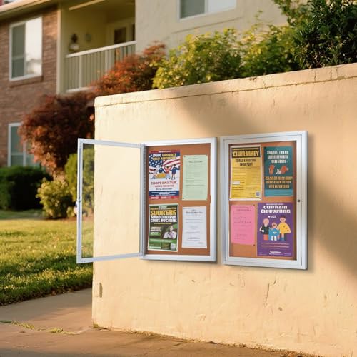 Enclosed Cork Bulletin Board 36"x24" Outdoor Weatherproof Cork Noticeboard with Locking Door Wall-Mounted Silver Aluminium Frame for Home, School, Office, Community, Hospital