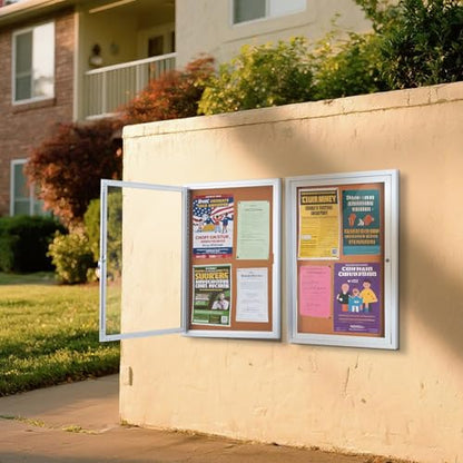 Enclosed Cork Bulletin Board 36"x24" Outdoor Weatherproof Cork Noticeboard with Locking Door Wall-Mounted Silver Aluminium Frame for Home, School, Office, Community, Hospital