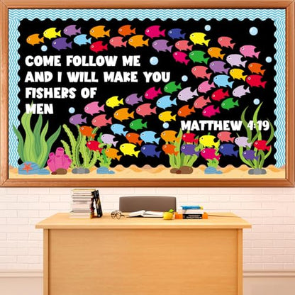 Fishers of Men Bulletin Board Classroom Decorations Christian Religious Bible Bulletin Board Sets Fish Paper Cutouts for Jesus Church Sunday Summer VBS Back to School Teacher Chalkboard Wall Supplies - style: Fishers of Men