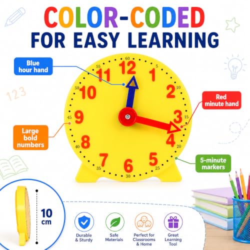 4 inch Teaching Clock, Learning Tell Time Analog Clock Demonstration 12 Hour 2 Pointers for Classroom Teacher