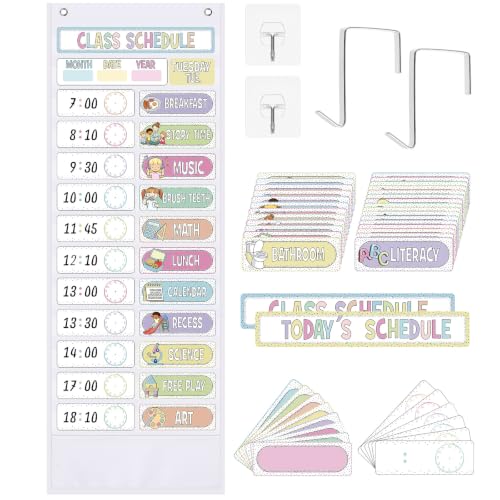 Funrous Daily Schedule Pocket Chart with 82 Cards, Linen Wall Hanging Organizer for Welcome Back to School Classroom Decorations Homeschool Visual Planner Routine Calendar(Spotty Boho) - style: Spotty Boho
