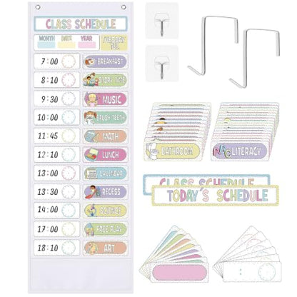 Funrous Daily Schedule Pocket Chart with 82 Cards, Linen Wall Hanging Organizer for Welcome Back to School Classroom Decorations Homeschool Visual Planner Routine Calendar(Spotty Boho) - style: Spotty Boho