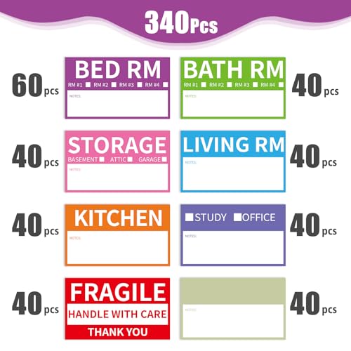 340 Home Moving Labels, 3.4 x 2 inches, 8-Color Coded Packing Box Stickers with Fragile and Blank Customizable Labels