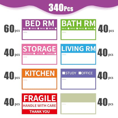 340 Home Moving Labels, 3.4 x 2 inches, 8-Color Coded Packing Box Stickers with Fragile and Blank Customizable Labels