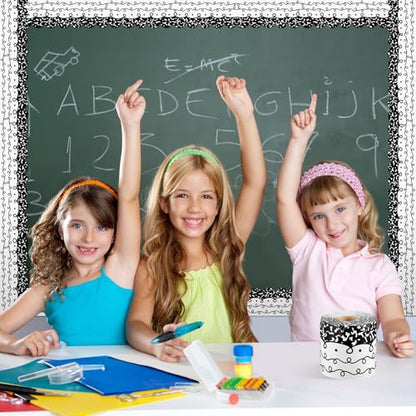 Kolldenn 68.9ft Composition Notebook Bulletin Board Border Black White Squiggles and Stripes Classroom Borders Scalloped Trim Rolled Die Cut for Bulletin Board Chalkboard School Teachers Wall Decor - style: Scalloped Composition