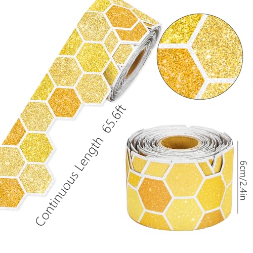 Whaline 65.6 Ft Summer Bulletin Board Border Glitter Yellow Honeycomb Die Cut Trim Border Roll for Back to School Bee Day Home Party Supplies - style: Honeycomb