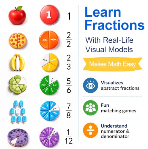 Magnetic Fraction Playbook, Magnetic Fraction Educational Puzzle & Homeschooling Math Manipulatives for 3rd to 5th Graders to Turn Abstract 1/2 or 1/4 into Visual Fruit Slices &Boost Early Math Skills