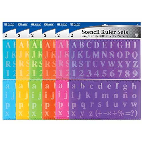 BAZIC Products Letter Stencil Sets, Sizes 20 mm, Letters Number Mathematics Sign, Inches Centimeter Ruler, Clear Color Plastic Stencils for Kids, 1 UNIT RANDOM COLOR WILL BE SENT