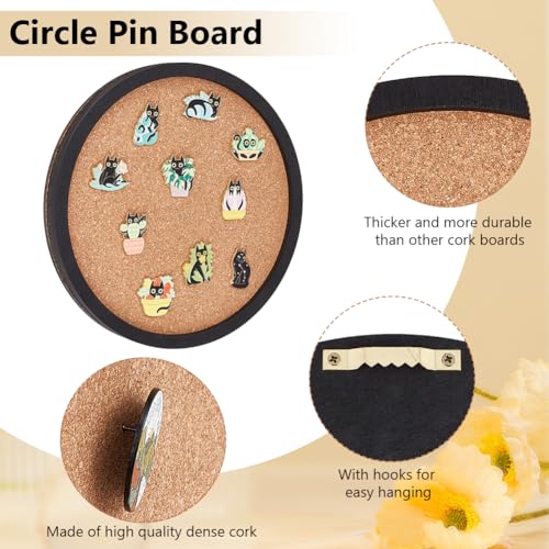 BENECREAT Flat Round Pin Board Cork Board, 7.87inch Bulletin Board Wall Mounted Display Board with Black Frame for Brooch Pin Storage Display, Office Home School Decor