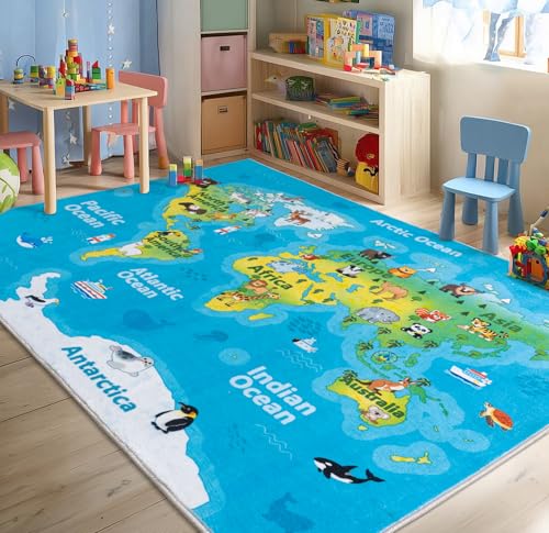 Kids Playroom Rug, 8x10ft World Map Play Mat with Cute Animals, Washable Durable Soft Carpet Kid Educational Rugs for Boys Girls Bedroom Nursery Classroom - color: World Map Rug, size: 8x10 Feet