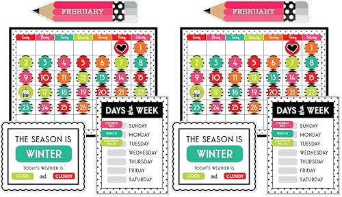 Schoolgirl Style Black, White & Stylish Brights Calendar Bulletin Board Set, Boho Monthly Wall Calendar With Numbers, Birthdays, Boho Decor, Weather and Days of the Week Chart, Classroom Decor (89 pc) - size: Large (Pack of 2)