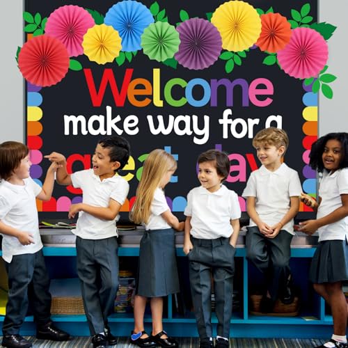 Classroom Bulletin Board Decorations with 3D Paper Fans Inspirational Welcome, Make Way for a Great Day Bulletin Board Set for Back to School Motivational Office Home Wall Door Chalkboard Decor - style: Welcome