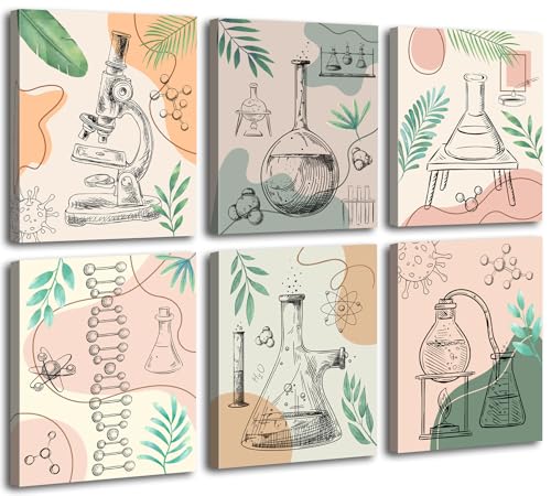 Set of 6 Framed Science Wall Art Canvas Prints,Boho Classroom Wall Art,Biochemical Science Art Poster,Chemistry Wall Prints,School Laboratory Decoration (8x10 inch) S cience Exploration Art Poster - color: 8 X 10inch x6 (Framed) Boho Science Wall Art