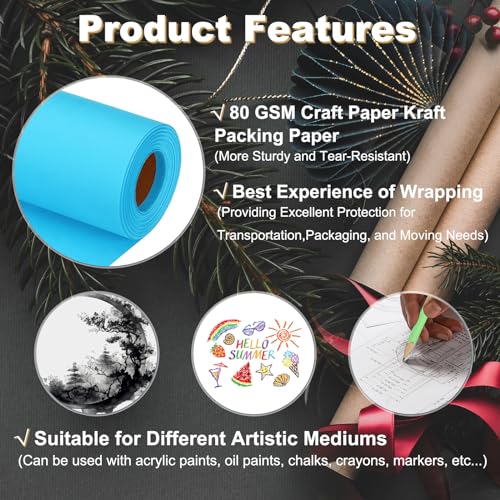 PATIKIL Wrapping Paper, 15"x1000"(80') Bulletin Board Paper Roll Kraft Paper Roll Construction 80GSM for Shipping Packing Gift Wrapping Craft Flower Bouquet Christmas, Light Blue - color: Light Blue, size: 15x1000 Inch