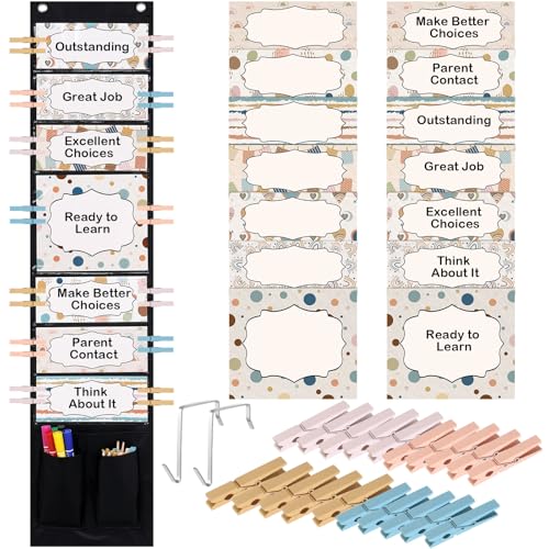 Eersida 57 Pcs Student Behavior Clip Chart for Classroom Behavior Management Track Reward Pocket Chart Hanging Bulletin Board Teacher Supplies for School Office Preschool Homeschool(Boho) - style: Boho