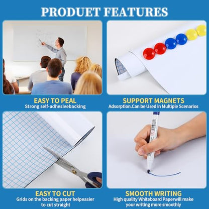 Extra Long Magnetic Dry Erase Whiteboard 50"x18" - Self-Adhesive Flexible Wall Board for Door, Closet, Hallway w/ 11 Markers, 6 Magnets, Eraser & Holder, Ultra Smooth, No Ghosting, Easy Erase - size: 50"x18"