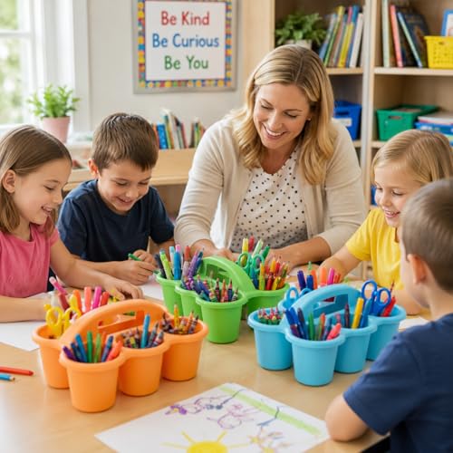 Plastic Caddy with Handle Set of 6 Classroom Caddy Organizer Cup Caddies Water Bottle Storage Crayon Caddies Plastic Cup Holder Drink Carrier for School Home Office Supplies (Pastel) - color: Pastel