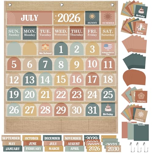 Sinload Classroom Calendar Pocket Chart Set Calendar Bulletin Board Set Seasons Festival Weather Pocket Chart for Classroom Decoration Back to School Supplies(Modern Boho 2,Linen Color) - color: Linen Color, style: Modern Boho 2
