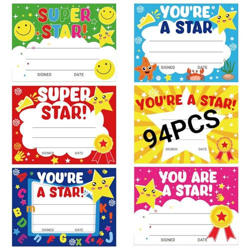 94 Pcs Student of Award Certificates End of School Year Superlatives Certificates Recognition Certificates of Achievement Graduation Birthday Certificates for Teacher Supplies (You're a Star) - style: Your're a Star