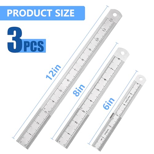 DTDNZKN 3 Pack Stainless Steel Ruler Set - Includes 6 inch (15 cm), 8 inch (20 cm), and 12 inch (30 cm) with SAE & Metric Measurements - for Drawing, Home, Office, and Engineering Use