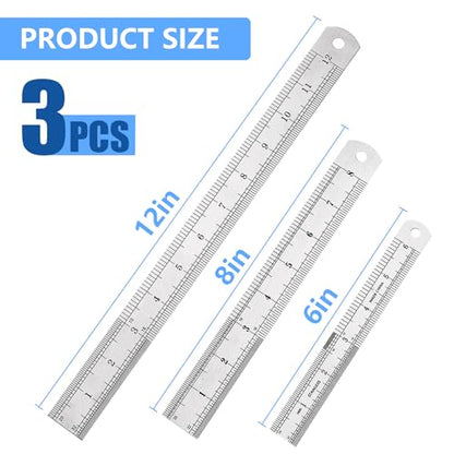 DTDNZKN 3 Pack Stainless Steel Ruler Set - Includes 6 inch (15 cm), 8 inch (20 cm), and 12 inch (30 cm) with SAE & Metric Measurements - for Drawing, Home, Office, and Engineering Use