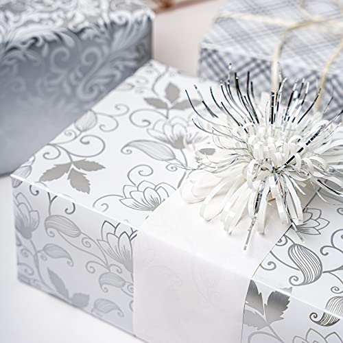 LeZakaa Silver Wrapping Paper Roll, Elegant Metallic Foil Gift Wrap with Floral and Plaid Pattern for Wedding, Anniversary, Birthday, Mothers Day, Bridal Shower, Christmas, 17 x 120 inches, Mini Roll - color: Classic-silver