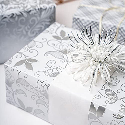 LeZakaa Silver Wrapping Paper Roll, Elegant Metallic Foil Gift Wrap with Floral and Plaid Pattern for Wedding, Anniversary, Birthday, Mothers Day, Bridal Shower, Christmas, 17 x 120 inches, Mini Roll - color: Classic-silver