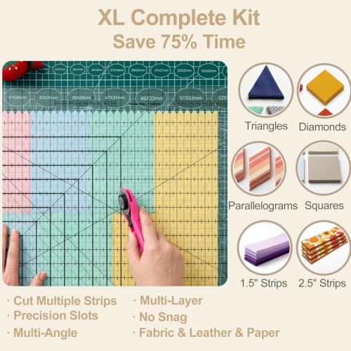 Slotted Quilting Ruler 17.75" x 22" – XL Slotted Ruler for Precision Fabric Cutting, with A2 Self-Healing Mat & 2 Blades, Quilting Supplies Kit for Crafting - size: Extra Large