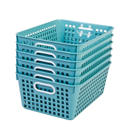 Really Good Stuff 160016WA Multi-Purpose Plastic Storage Baskets for Classroom or Home Use - Stackable Mesh Plastic Baskets with Grip Handles 13" x 10" (Water - Set of 12) - color: Water
