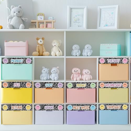 Whaline 12 Pcs Boho Rolling Storage Cart Labels Pastel Happy Face Composition Drawer Rolling Cart Label for Back to School Home Office Classroom Organization