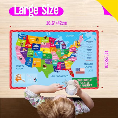 6 Pack Placemats for Kids, Non-Slip Washable, Reusable Alphabet, Number, Shape & Color, Universe, Map, Different Themed Educational Table Mats for Home, Kindergarten, Classroom, Nursery - style: Education-D