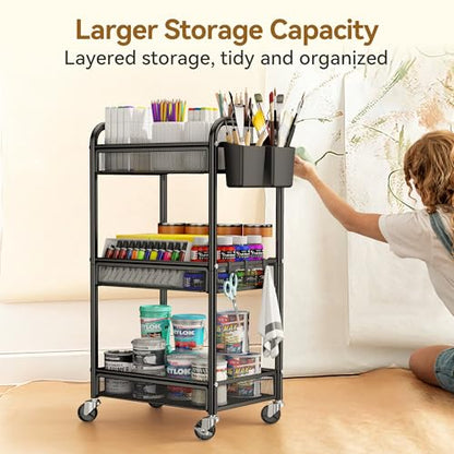 YASONIC 3 Tier Rolling Cart – Metal Utility Storage Carts with Wheels, Craft Cart Organizer with Hanging Cups, Hooks, Mesh Basket for Bedside Kitchen Office Art, Black - color: Black