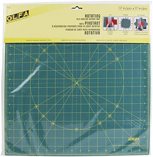 OLFA 17" x 17" Rotating Cutting Mat (RM-17S) - Self Healing 17x17 Inch Square Rotary Mat with Grid for Quilting, Sewing, Fabric, & Crafts, Rotates 360 Degrees, Use with Rotary Cutters (Green) - size: 17"L x 17"W